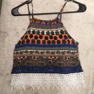 Multicolored top with white lace bottom